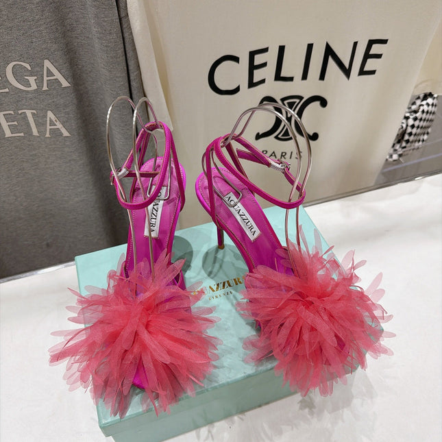 AQUAZZURA 26S BOUQUET HEELED SANDALS 100 MM IN PINK SATIN & CALFSKIN