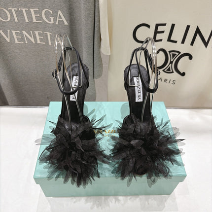 AQUAZZURA 26S BOUQUET HEELED SANDALS 100 MM IN BLACK SATIN & CALFSKIN