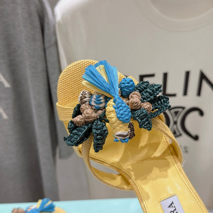 AQUAZZURA 26S FLORAL APPLIQUE SANDALS 80 MM IN YELLOW WOVEN FABRIC