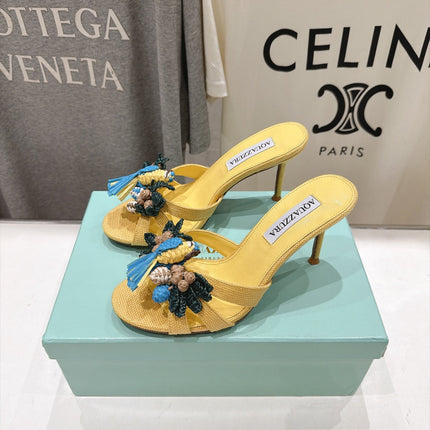 AQUAZZURA 26S FLORAL APPLIQUE SANDALS 80 MM IN YELLOW WOVEN FABRIC