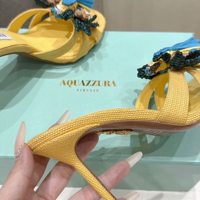 AQUAZZURA 26S FLORAL APPLIQUE SANDALS 80 MM IN YELLOW WOVEN FABRIC