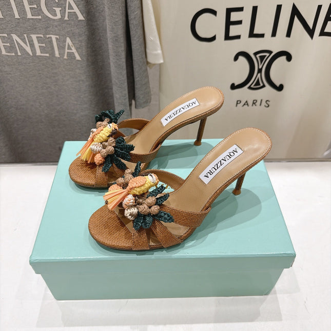 AQUAZZURA 26S FLORAL APPLIQUE SANDALS 80 MM IN BROWN WOVEN FABRIC