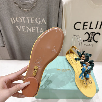 AQUAZZURA 26S FLORAL APPLIQUE THONG SANDALS IN YELLOW CALFSKIN