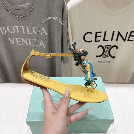 AQUAZZURA 26S FLORAL APPLIQUE THONG SANDALS IN YELLOW CALFSKIN