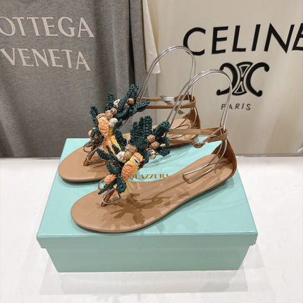 AQUAZZURA 26S FLORAL APPLIQUE THONG SANDALS IN BROWN CALFSKIN