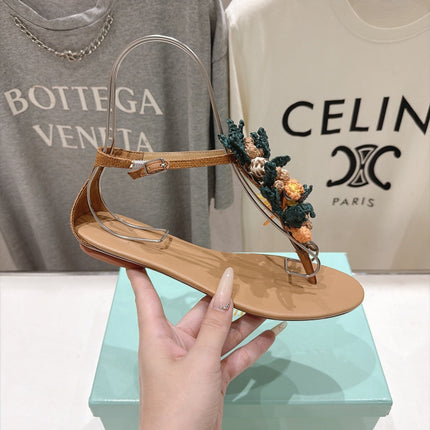 AQUAZZURA 26S FLORAL APPLIQUE THONG SANDALS IN BROWN CALFSKIN