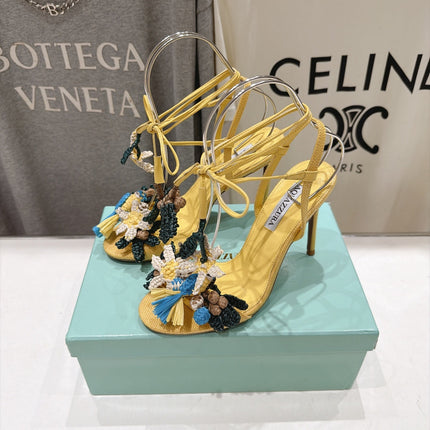 AQUAZZURA 26S FLORAL APPLIQUE SANDALS 100 MM IN YELLOW WOVEN FABRIC