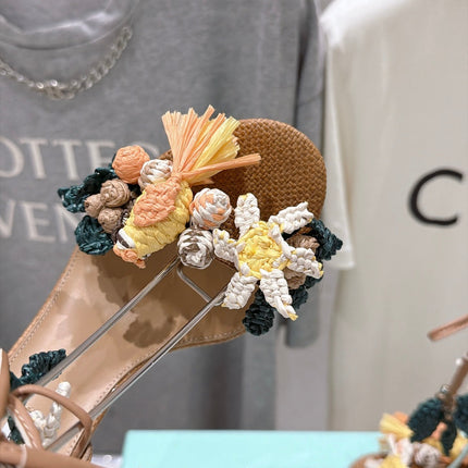 AQUAZZURA 26S FLORAL APPLIQUE SANDALS 100 MM IN BROWN WOVEN FABRIC