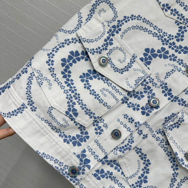 CC 25 Printed Denim Vest Jacket Blue White Cotton