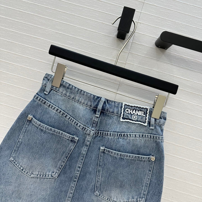 CC 25 Embroidered Short Skirt Blue Denim Cotton