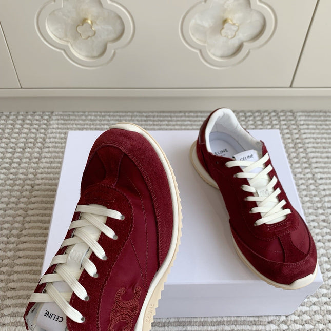 CELINE 26S TRIOMPHE RUNNER SNEAKERS IN BURGUNDY RED NYLON AND SUEDE