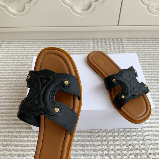 CELINE 26S TRIOMPHE SLIDE SANDALS IN BLACK CALFSKIN WITH TAN BROWN FOOTBED