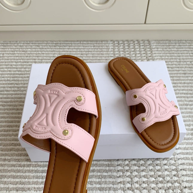 CELINE 26S TRIOMPHE SLIDE SANDALS IN LIGHT PINK CALFSKIN WITH TAN BROWN FOOTBED