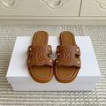 CELINE 26S TRIOMPHE SLIDE SANDALS IN TAN BROWN CALFSKIN