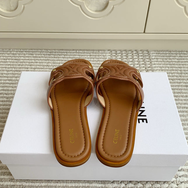 CELINE 26S TRIOMPHE SLIDE SANDALS IN TAN BROWN CALFSKIN