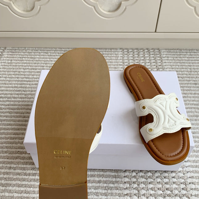 CELINE 26S TRIOMPHE SLIDE SANDALS IN IVORY WHITE CALFSKIN WITH TAN BROWN FOOTBED