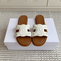 CELINE 26S TRIOMPHE SLIDE SANDALS IN IVORY WHITE CALFSKIN WITH TAN BROWN FOOTBED