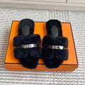 HM 25S ECLAIR SANDAL IN BLACK SHEARLING WITH SILVER HARDWARE