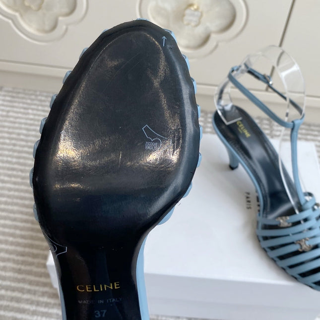 CELINE 26S CLEA TRIOMPHE GLADIATOR HEEL SANDALS 60 MM IN SKY BLUE LAMBSKIN