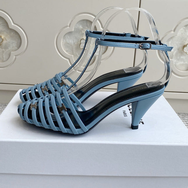 CELINE 26S CLEA TRIOMPHE GLADIATOR HEEL SANDALS 60 MM IN SKY BLUE LAMBSKIN