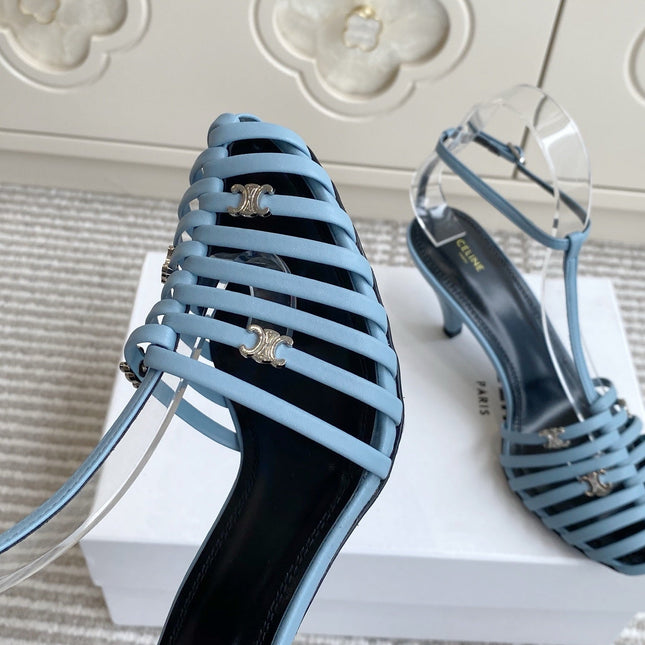 CELINE 26S CLEA TRIOMPHE GLADIATOR HEEL SANDALS 60 MM IN SKY BLUE LAMBSKIN