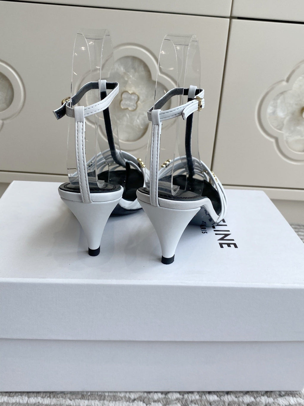 CELINE 26S CLEA TRIOMPHE GLADIATOR HEEL SANDALS 60 MM IN WHITE LAMBSKIN