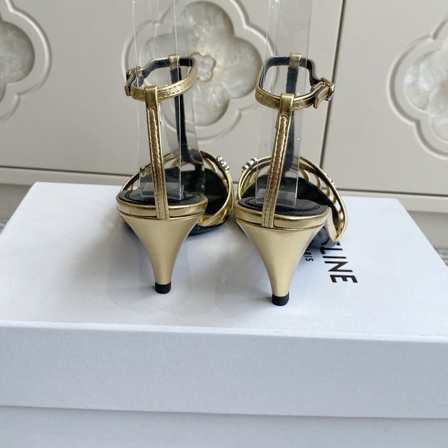 CELINE 26S CLEA TRIOMPHE GLADIATOR HEEL SANDALS 60 MM IN GOLD LAMBSKIN