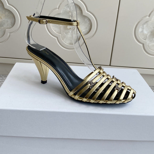 CELINE 26S CLEA TRIOMPHE GLADIATOR HEEL SANDALS 60 MM IN GOLD LAMBSKIN