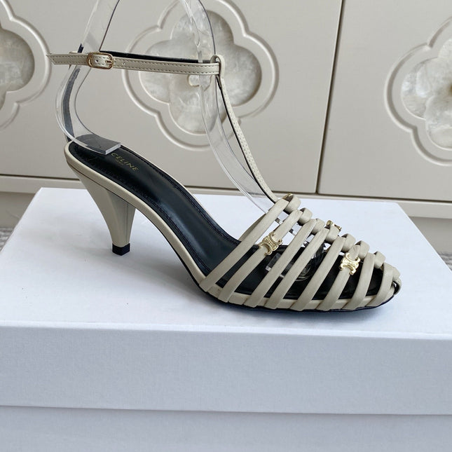 CELINE 26S CLEA TRIOMPHE GLADIATOR HEEL SANDALS 60 MM IN BEIGE LAMBSKIN