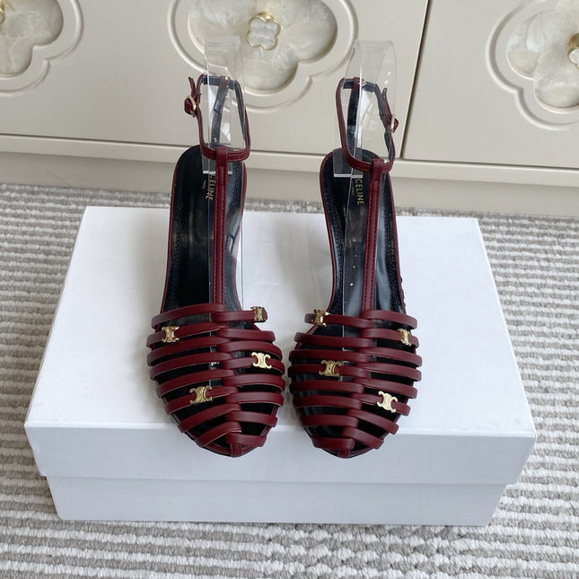 CELINE 26S CLEA TRIOMPHE GLADIATOR HEEL SANDALS 60 MM IN DARK RED LAMBSKIN