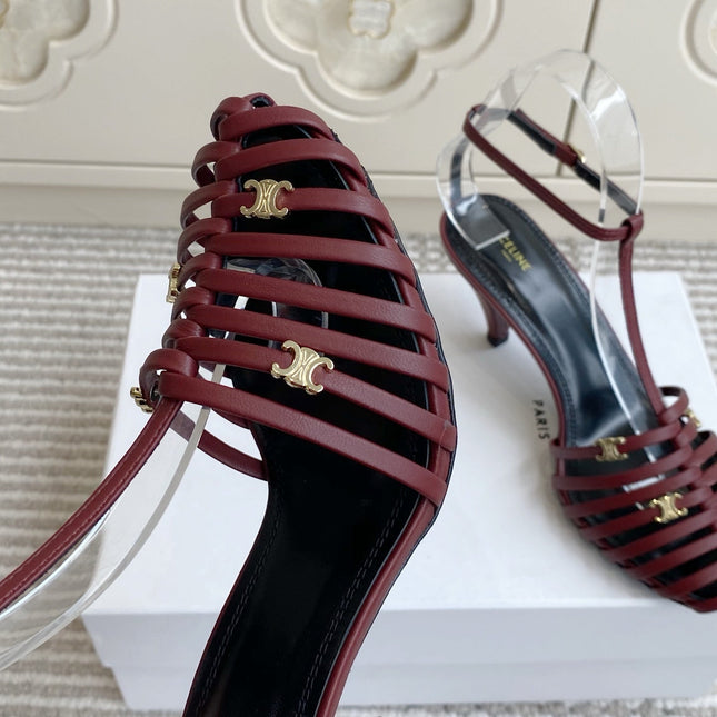 CELINE 26S CLEA TRIOMPHE GLADIATOR HEEL SANDALS 60 MM IN DARK RED LAMBSKIN