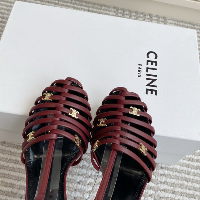 CELINE 26S CLEA TRIOMPHE GLADIATOR HEEL SANDALS 60 MM IN DARK RED LAMBSKIN
