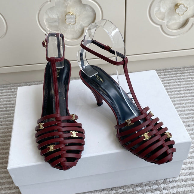CELINE 26S CLEA TRIOMPHE GLADIATOR HEEL SANDALS 60 MM IN DARK RED LAMBSKIN