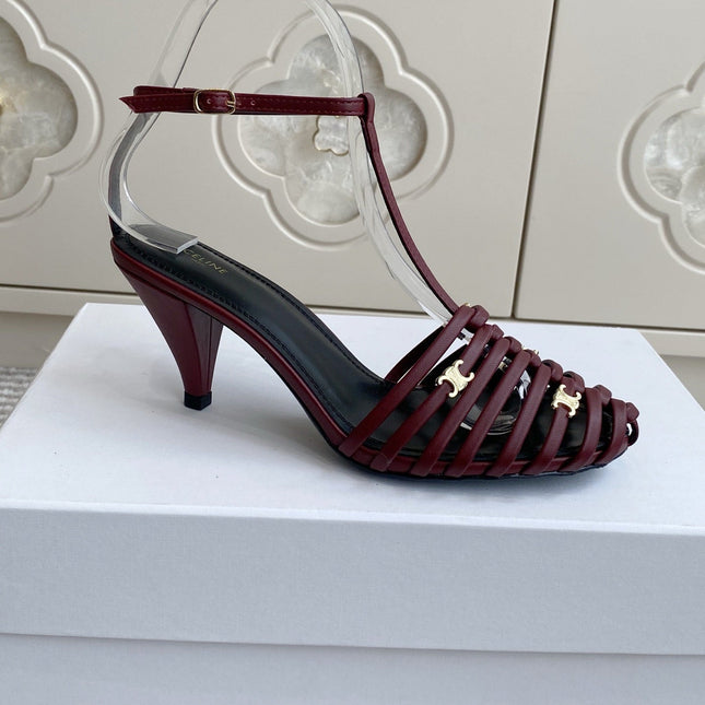 CELINE 26S CLEA TRIOMPHE GLADIATOR HEEL SANDALS 60 MM IN DARK RED LAMBSKIN