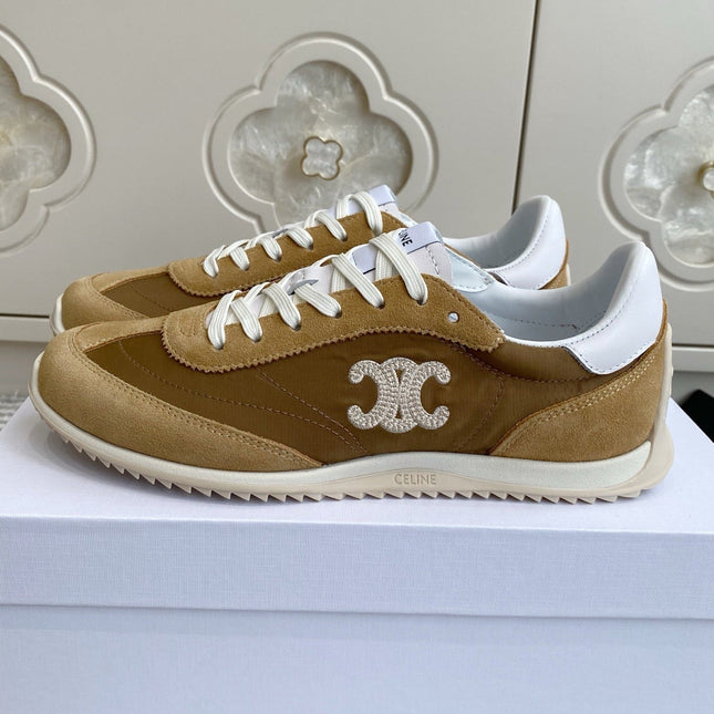 CELINE 26S RUNNER SNEAKERS IN SAND BEIGE SUEDE AND CARAMEL BROWN NYLON