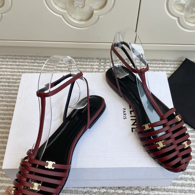 CELINE 26S CLEA TRIOMPHE GLADIATOR SANDALS IN DARK RED LAMBSKIN