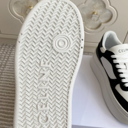 CELINE 26S WEDGE SNEAKERS 50MM IN WHITE CALFSKIN AND BLACK SUEDE