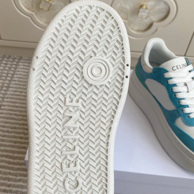 CELINE 26S WEDGE SNEAKERS 50MM IN WHITE CALFSKIN AND SKY BLUE SUEDE