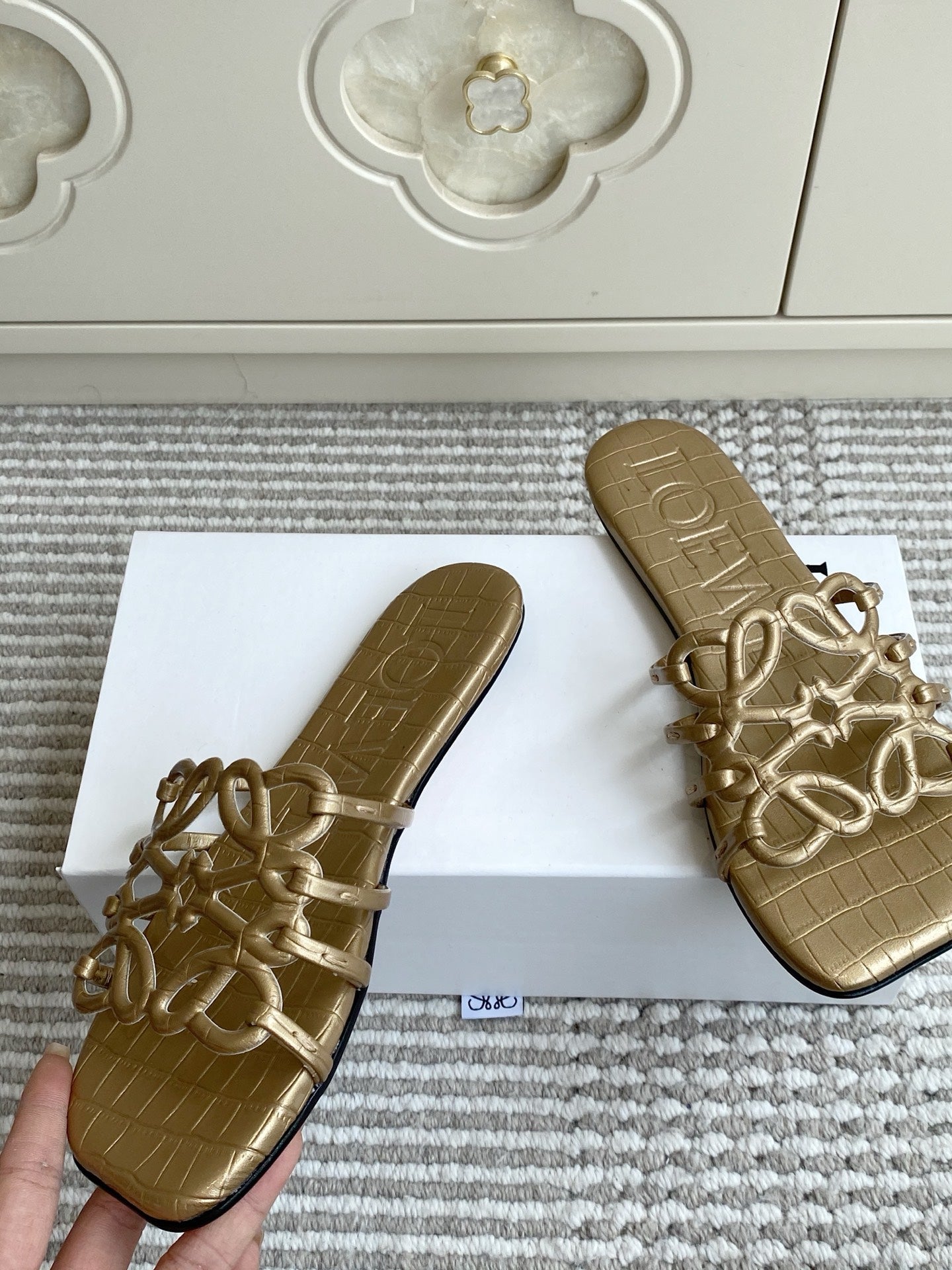 LOEWE 26S SLIDE SANDALS IN GOLD CROC-EMBOSSED CALFSKIN
