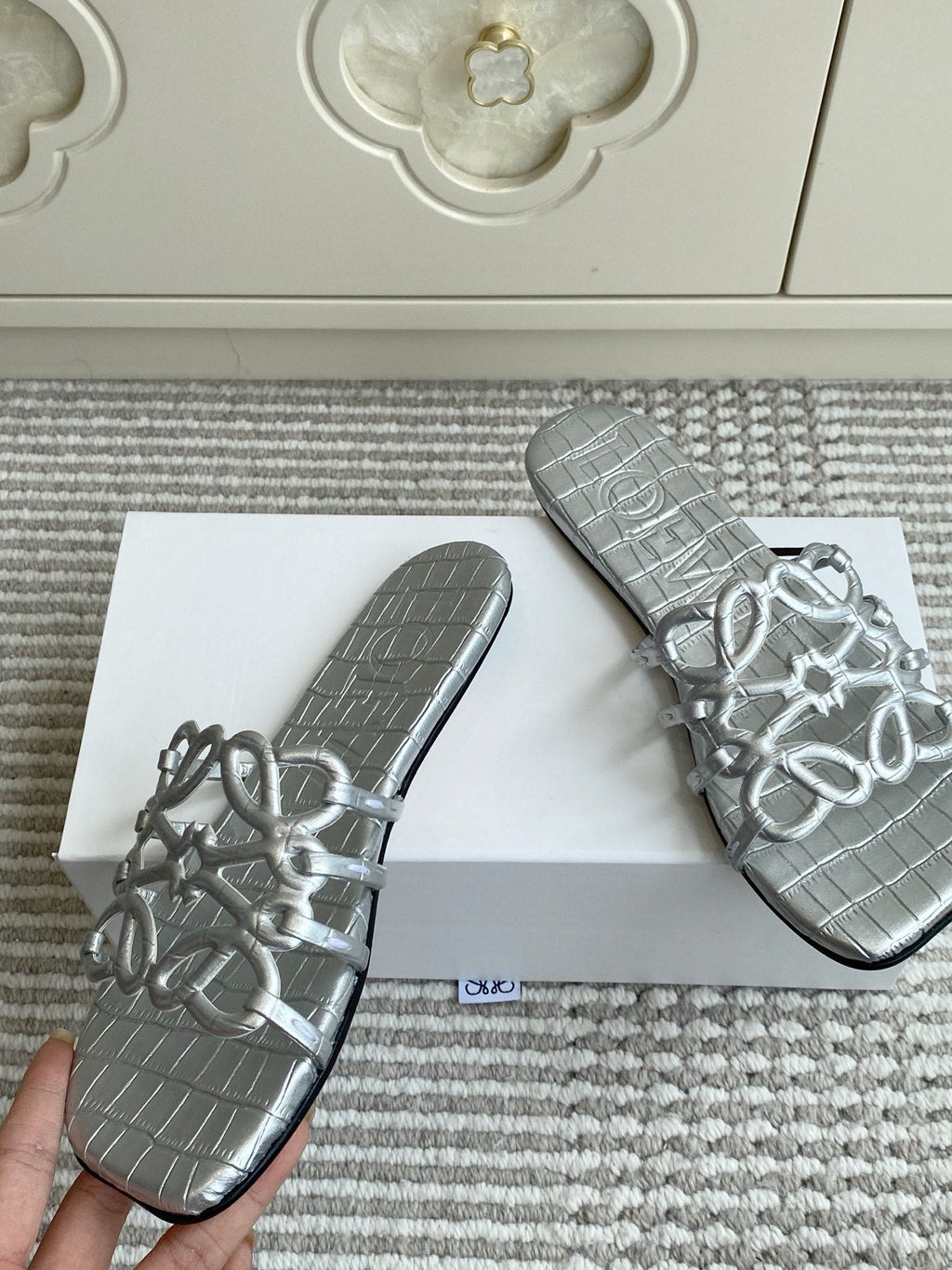 LOEWE 26S SLIDE SANDALS IN SILVER CROC-EMBOSSED CALFSKIN