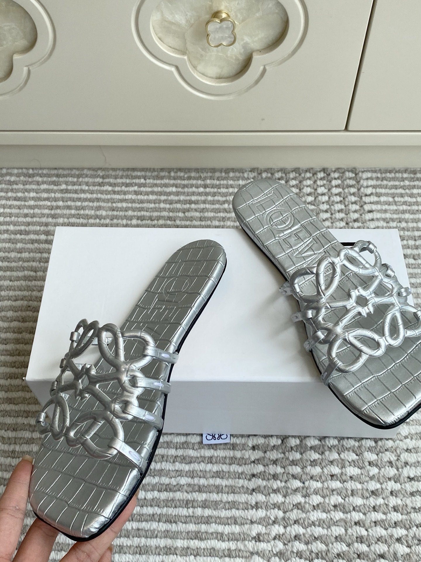 LOEWE 26S SLIDE SANDALS IN SILVER CROC-EMBOSSED CALFSKIN