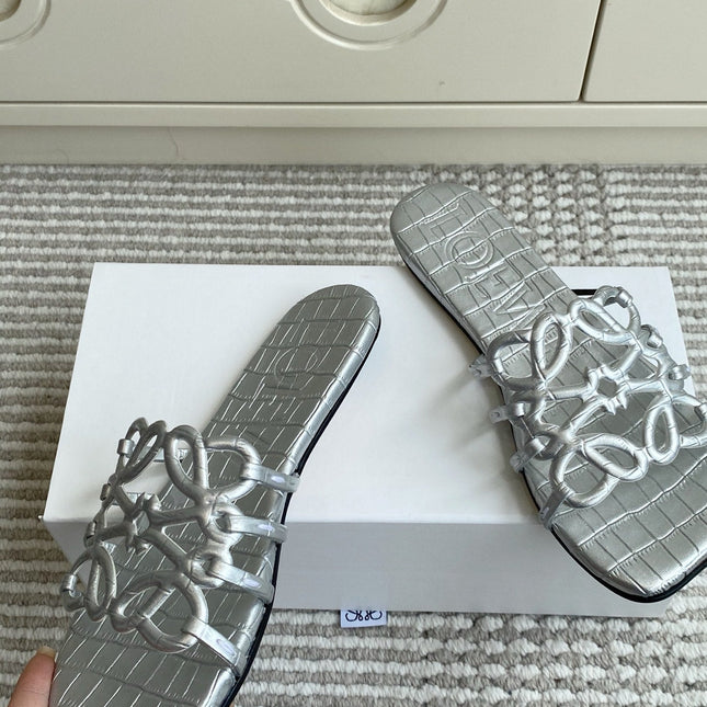 LOEWE 26S SLIDE SANDALS IN SILVER CROC-EMBOSSED CALFSKIN