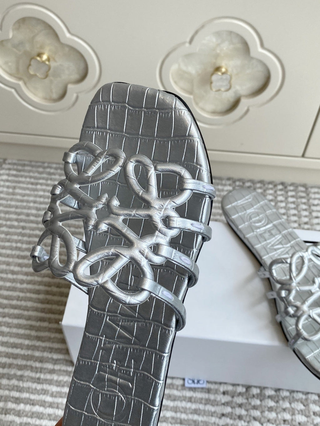 LOEWE 26S SLIDE SANDALS IN SILVER CROC-EMBOSSED CALFSKIN
