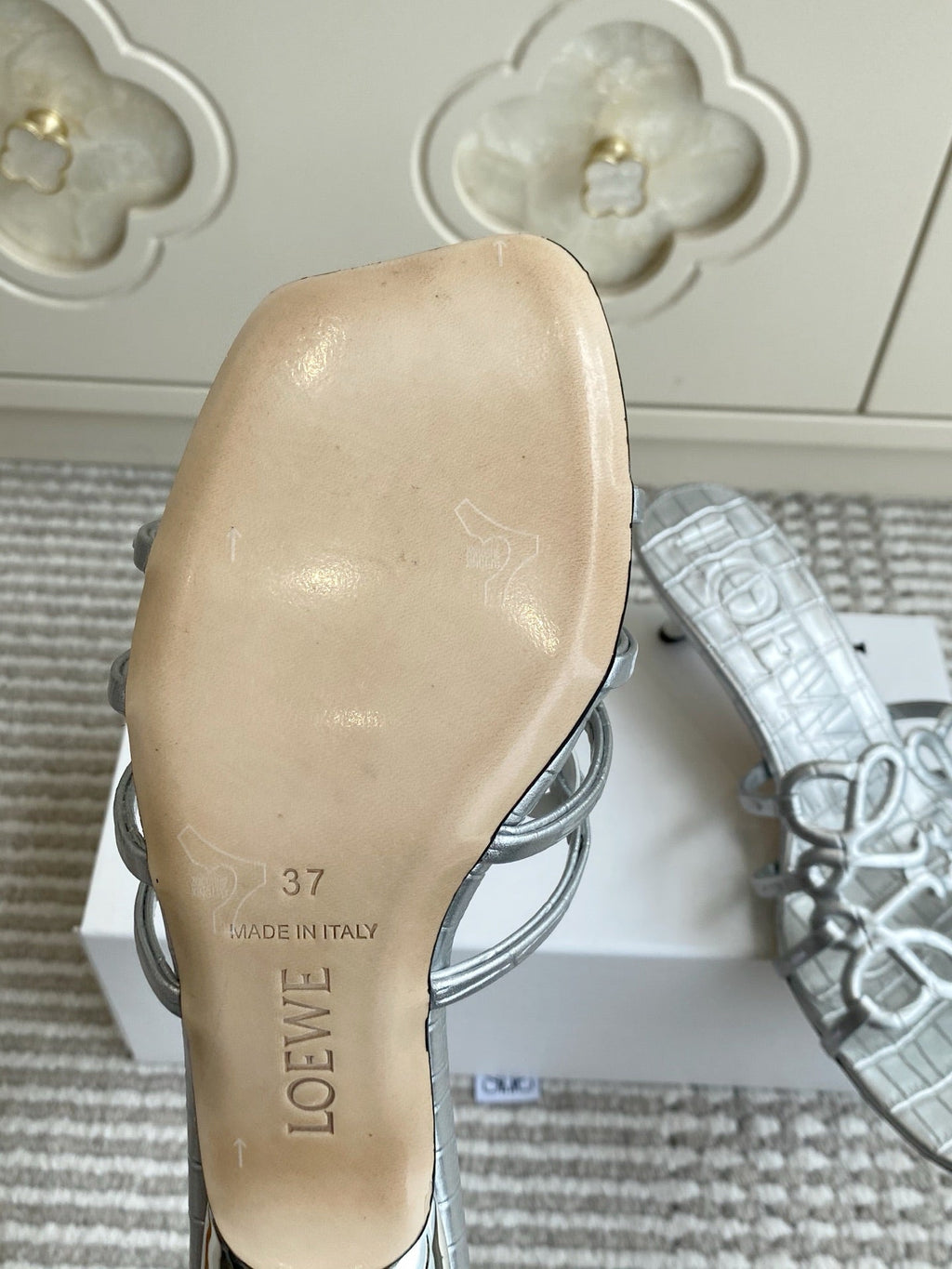 LOEWE 26S HIGH HEEL SANDALS 45MM IN SILVER CROC-EMBOSSED CALFSKIN