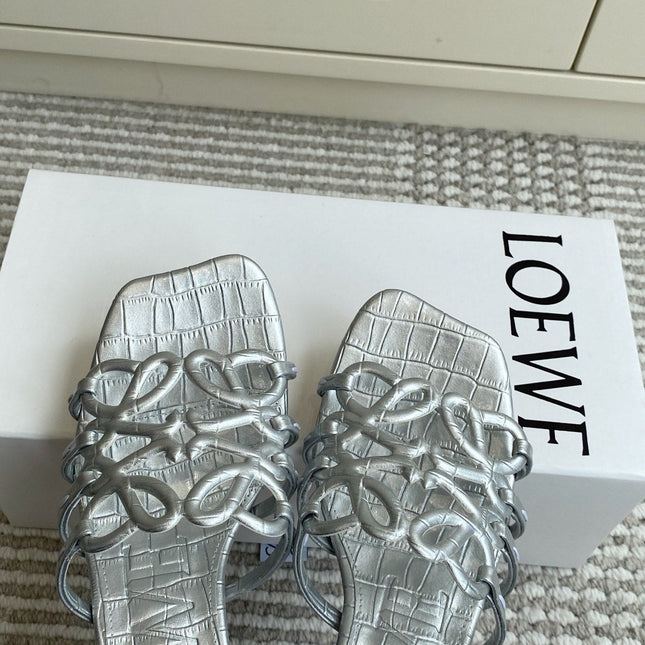 LOEWE 26S HIGH HEEL SANDALS 45MM IN SILVER CROC-EMBOSSED CALFSKIN