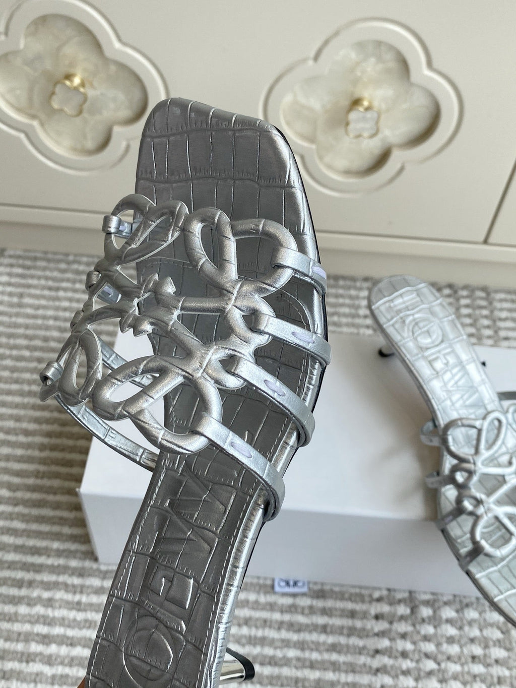 LOEWE 26S HIGH HEEL SANDALS 45MM IN SILVER CROC-EMBOSSED CALFSKIN