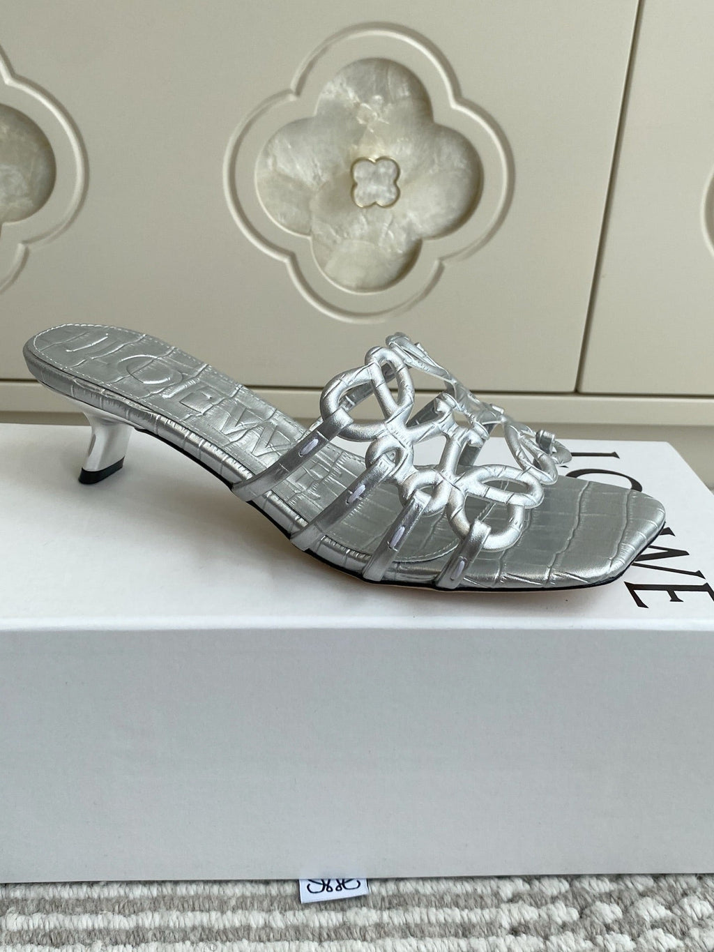 LOEWE 26S HIGH HEEL SANDALS 45MM IN SILVER CROC-EMBOSSED CALFSKIN