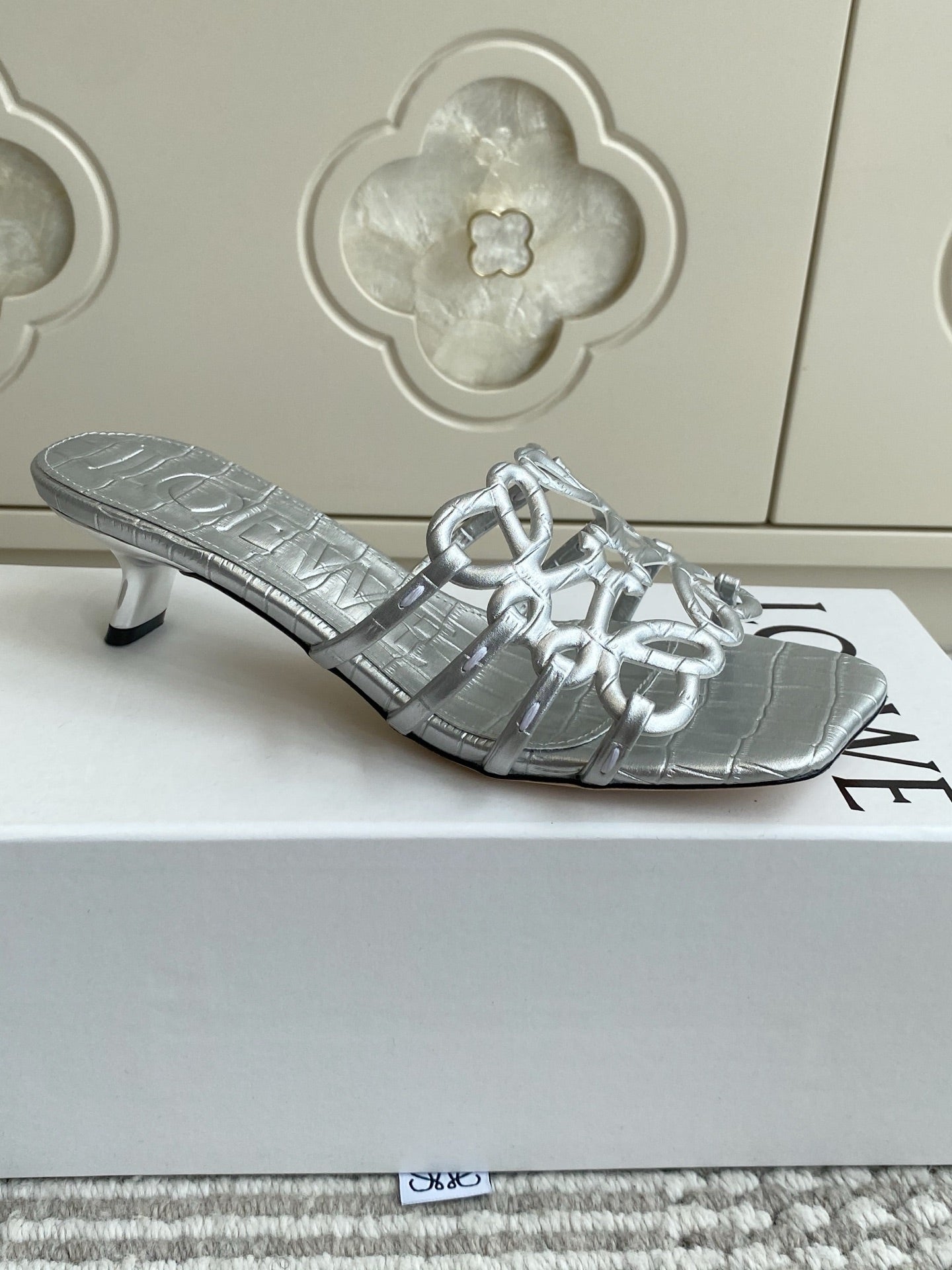 LOEWE 26S HIGH HEEL SANDALS 45MM IN SILVER CROC-EMBOSSED CALFSKIN