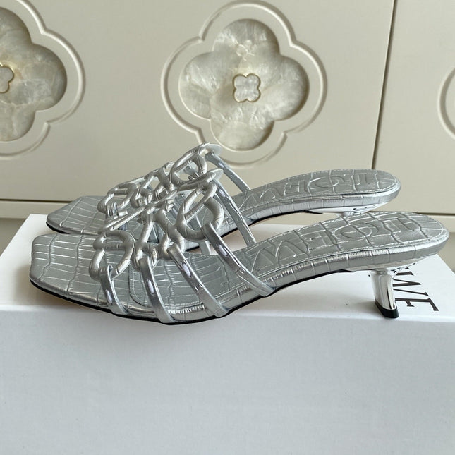 LOEWE 26S HIGH HEEL SANDALS 45MM IN SILVER CROC-EMBOSSED CALFSKIN