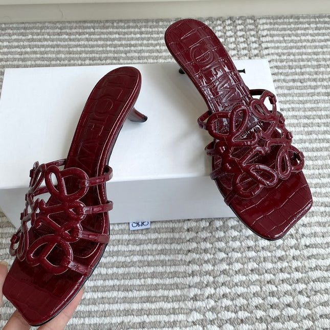 LOEWE 26S HIGH HEEL SANDALS 45MM IN BURGUNDY RED CROC-EMBOSSED PATENT CALFSKIN